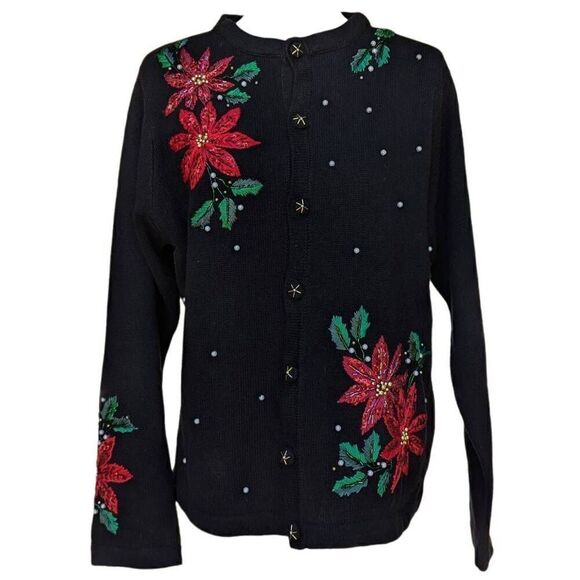Vintage Ugly Sweater Black Red Christmas Flowers Cardigan Button Down Size M 90s - Picture 7 of 9